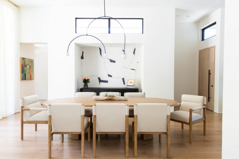 Dining Room in Marin County, California. Modern coastal dining room. Neutral dining room with modern light fixture. Luxury Residential Interior Designer in Northern California’s Wine Country, serving Healdsburg, Sonoma, Napa, and Marin.